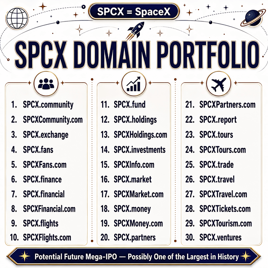 SPCX Domain Portfolio infographic listing 30 premium SPCX domains across three categories — Community & Fans (SPCX.community, SPCXFans.com), Finance & Investment (SPCX.fund, SPCX.holdings, SPCX.investments), and Travel & Tourism (SPCX.travel, SPCXTickets.com, SPCXTourism.com) — positioned ahead of the SPCX mega-IPO.
